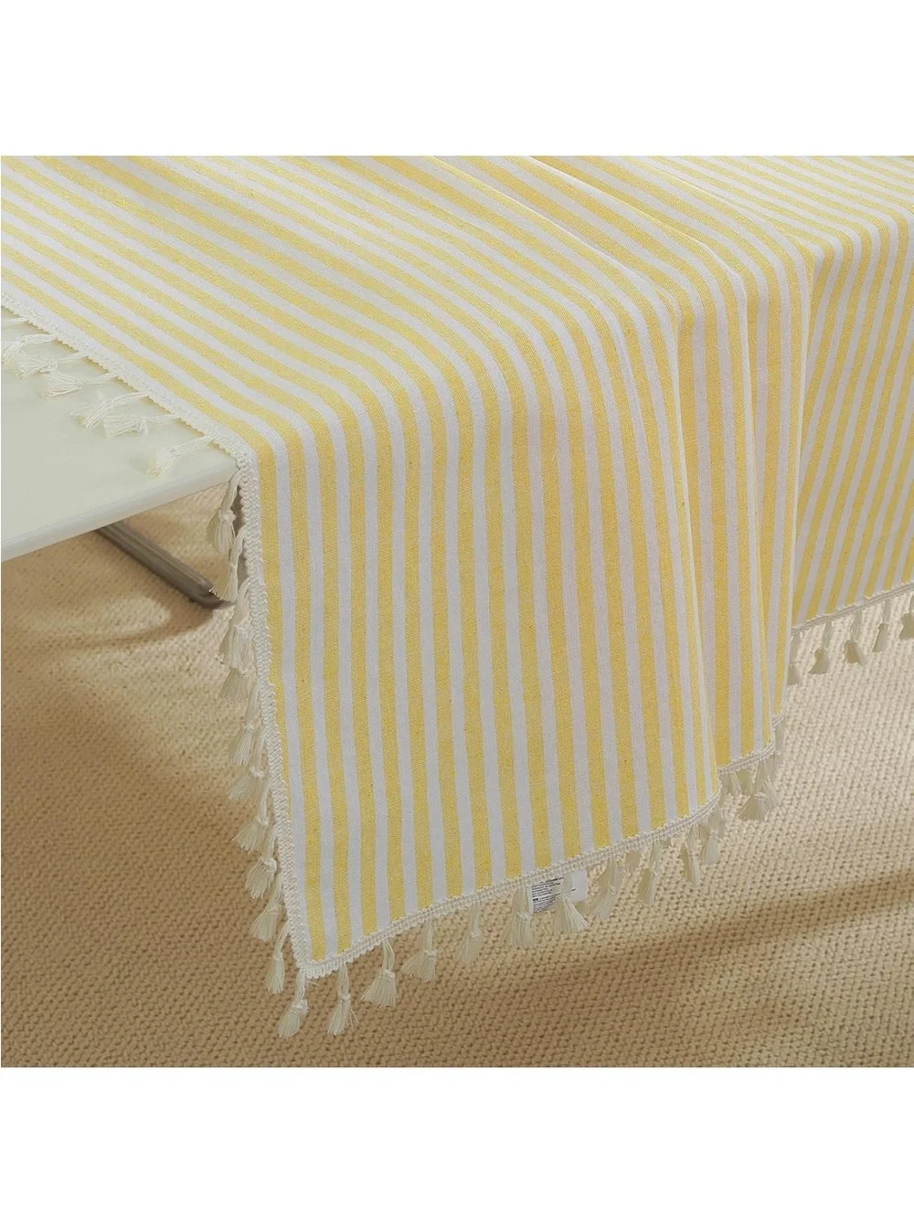 NEW Striped 36” square, cotton blend tablecloth. Yellow & White